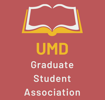 An open book with the words UMD Graduate Student Association underneath, all on a maroon and gold background.